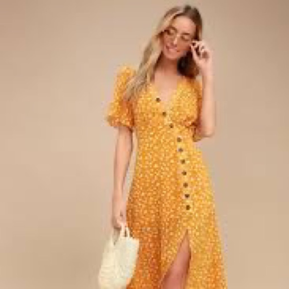 Lulu’s Golden Yellow Floral MIDI Dress
